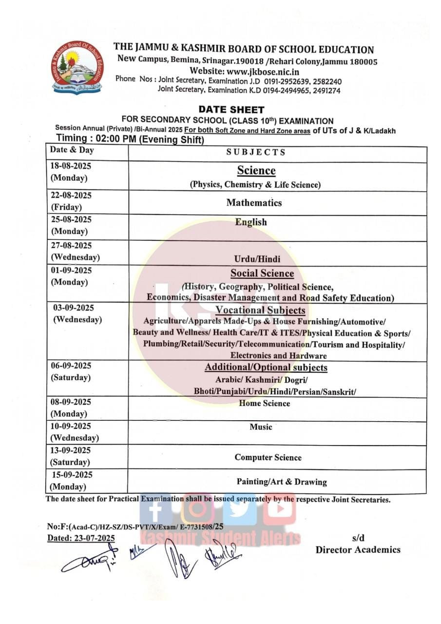 JKBOSE Class 10th Date Sheet 2025 Released for Private/BI-Annual Students – Check Complete Schedule Here