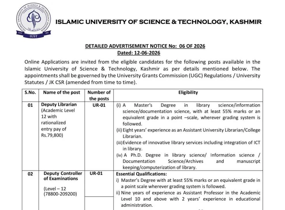 IUST Recruitment 2026: Islamic University of Science & Technology Announces Vacancies for Deputy Librarian, Assistant Registrar, Engineer & Other Posts