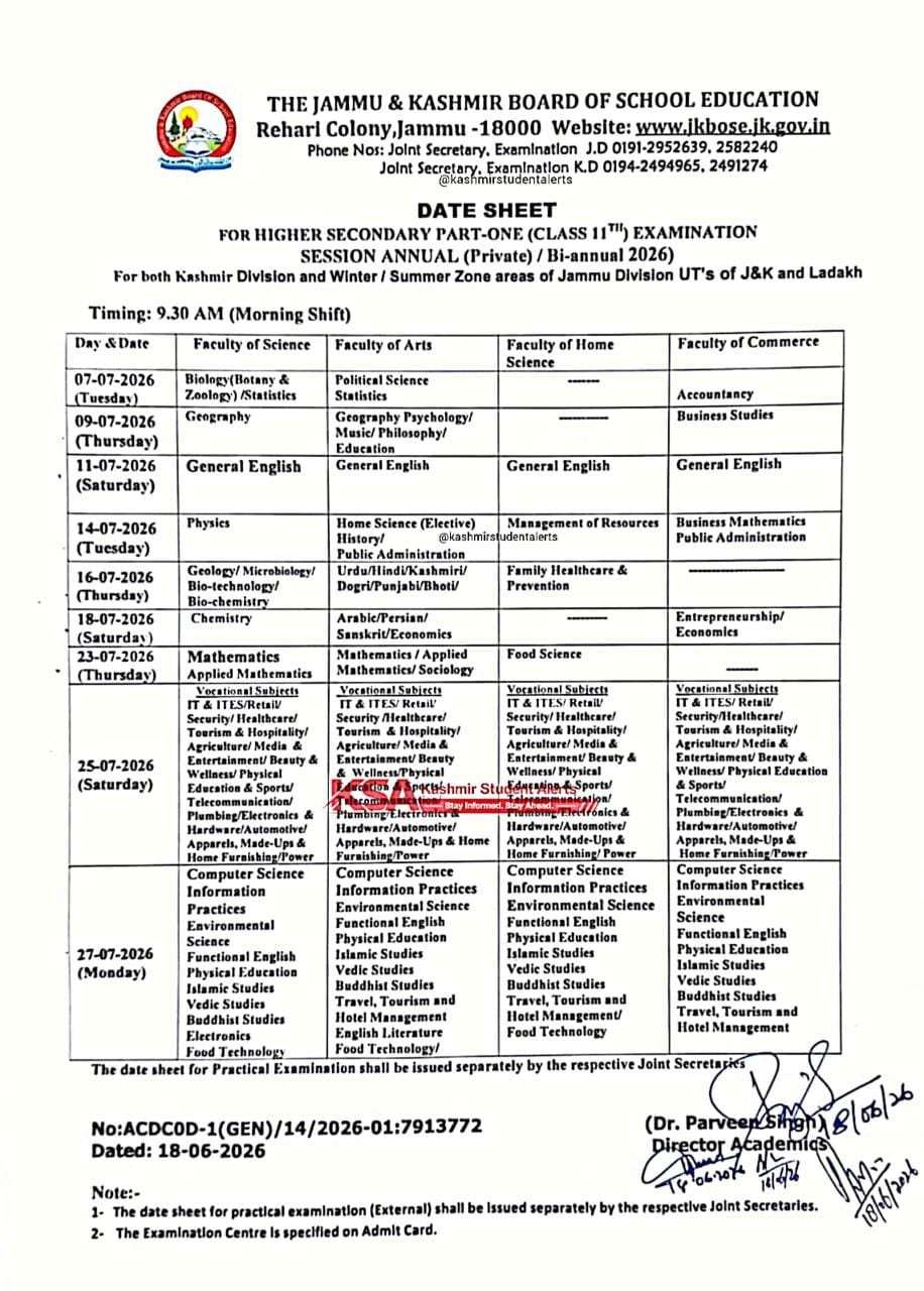 Jkbose class 11th private & bi-annual 2026 date sheet released: subject-wise exam schedule 1 Jkbose class 11th private & bi-annual date sheet 2026 out: check subject-wise exam schedule