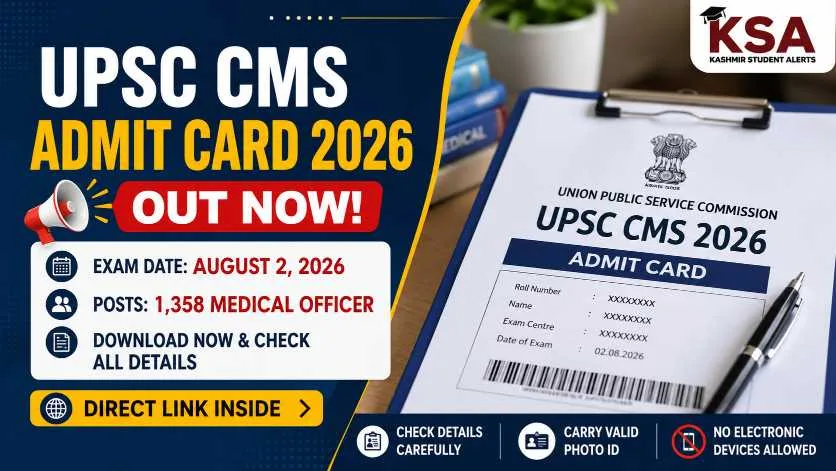 UPSC CMS Admit Card 2026 Released for 1,358 Medical Officer Posts; Exam on August 2, Download Here