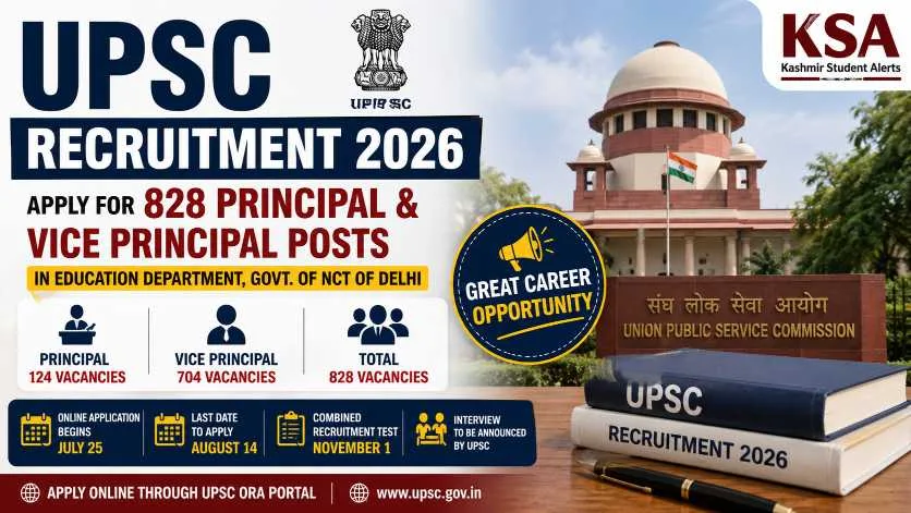 UPSC Recruitment 2026: Apply for 828 Principal & Vice Principal Posts; Registration Open Until August 14