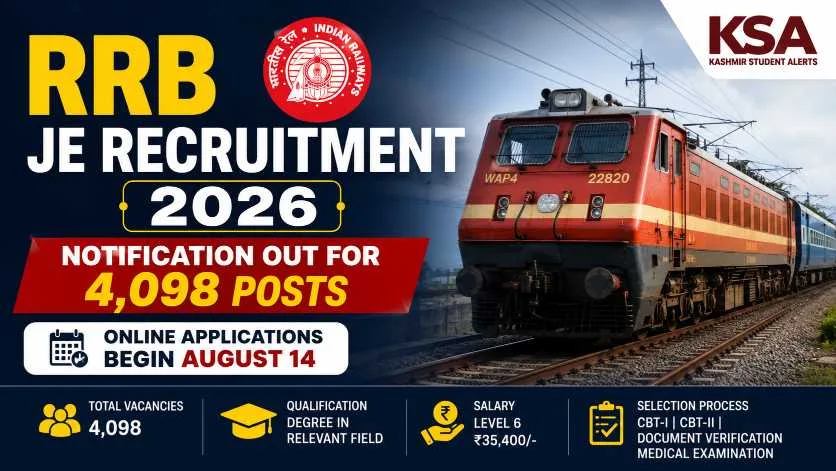 RRB JE Recruitment 2026: Notification Out for 4,098 Posts; Online Applications Begin August 14