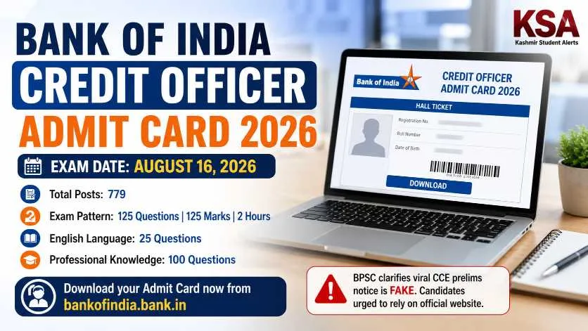 Bank of India Credit Officer Admit Card 2026 Released: Download Hall Ticket for 779 Posts, Exam on August 16