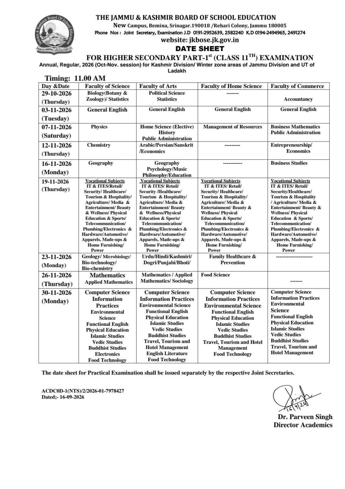 JKBOSE Class 10th, 11th & 12th Annual Regular 2026 Datesheets Released