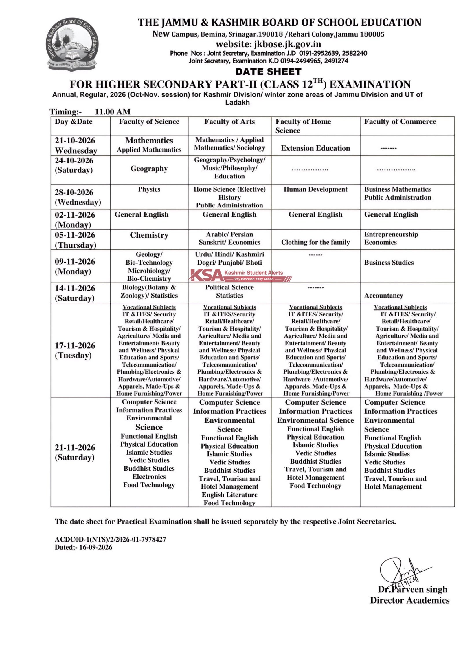 JKBOSE Class 10th, 11th & 12th Annual Regular 2026 Datesheets Released
