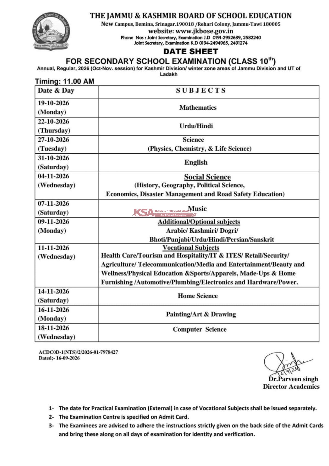 JKBOSE Class 10th, 11th & 12th Annual Regular 2026 Datesheets Released